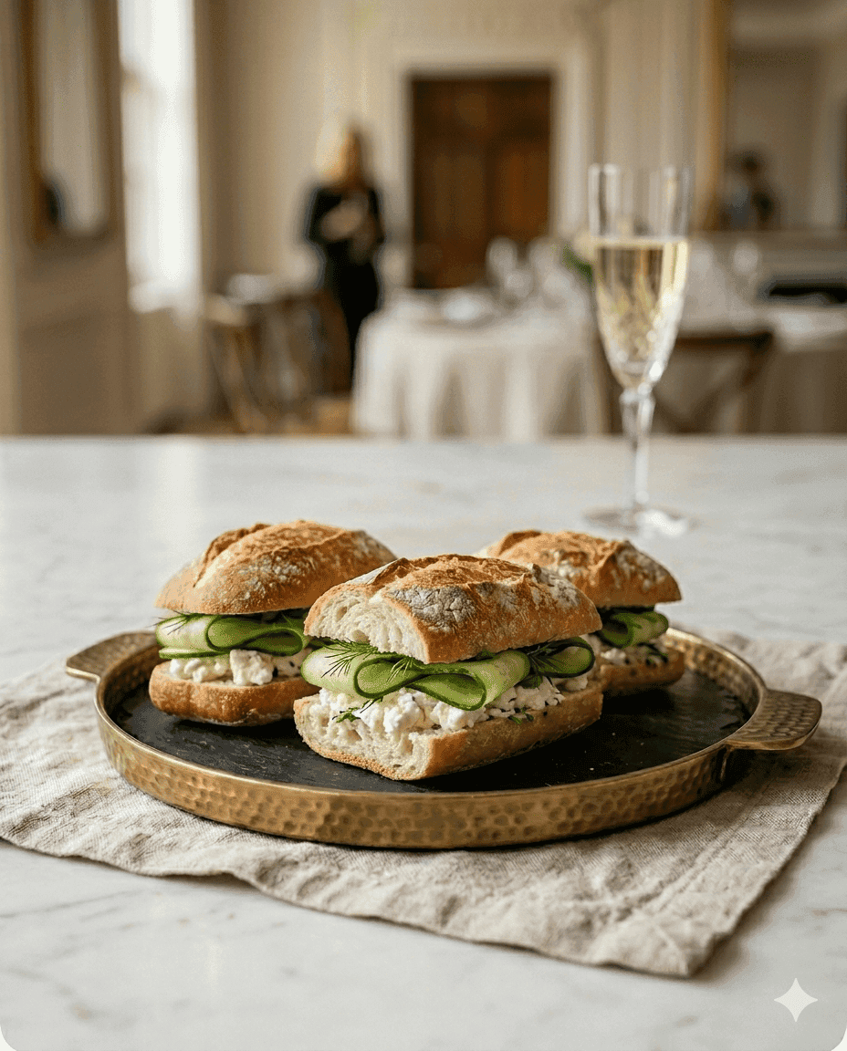 Mini baguette bread with feta cheese and fresh cucumber