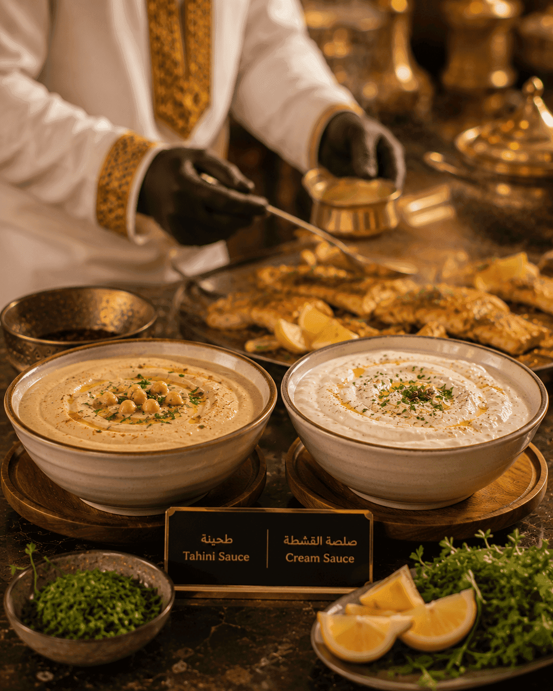 Served with: Tahini Sauce & Cream Sauce