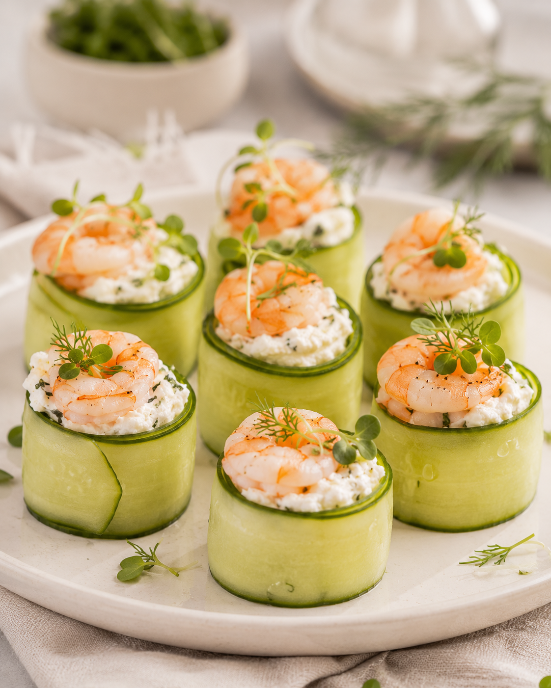 Cucumber and feta roll with shrimp