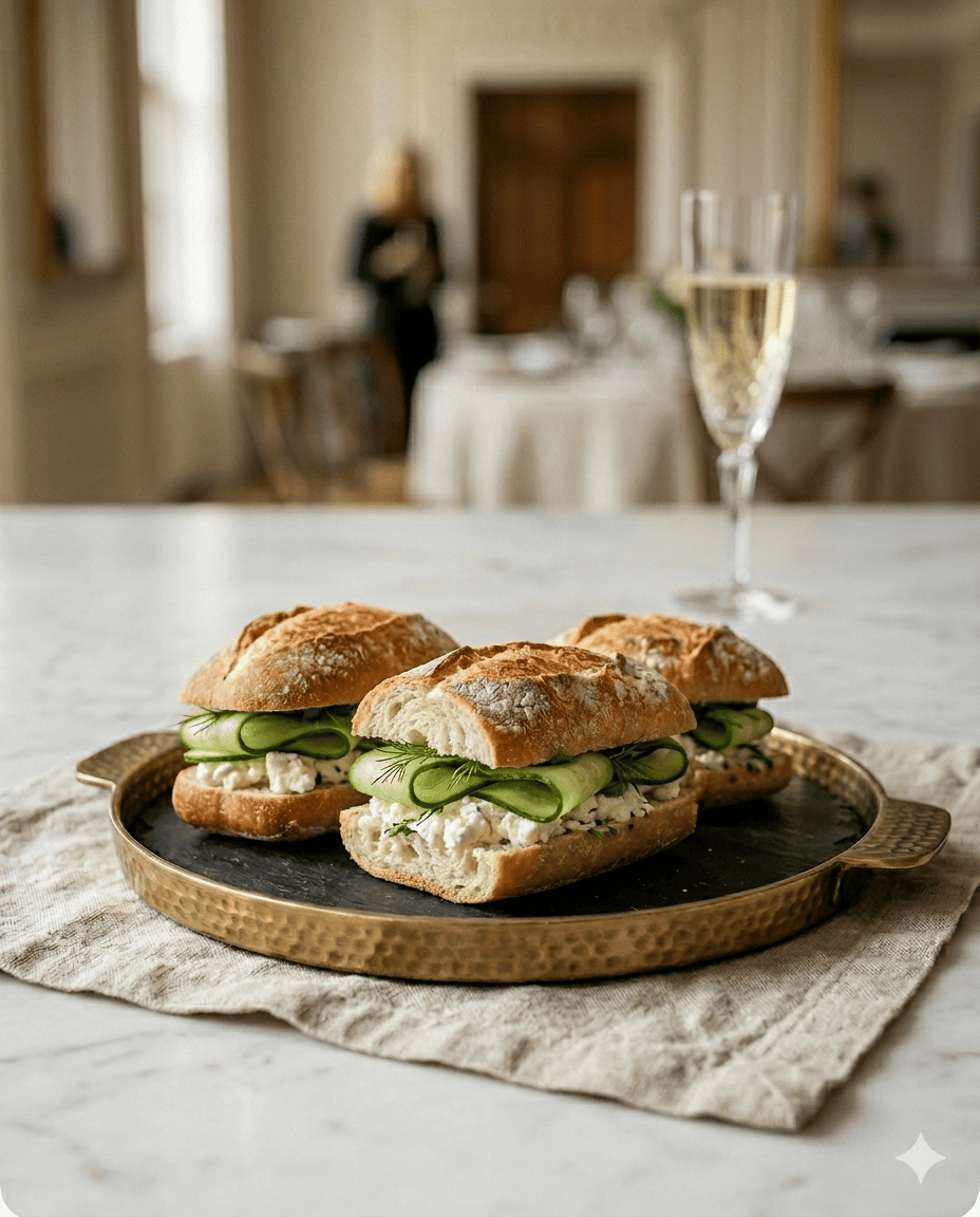 Mini baguette bread with feta cheese and fresh cucumber