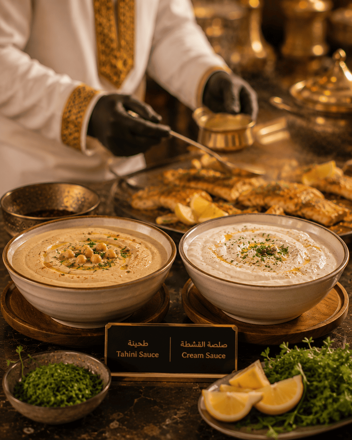 Served with: Tahini Sauce & Cream Sauce